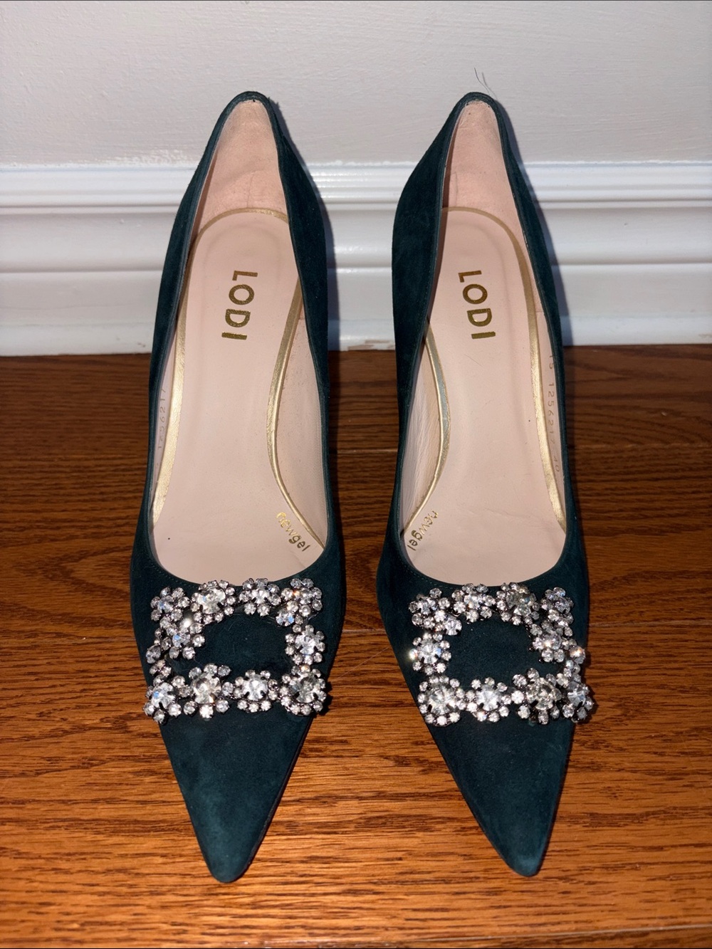 Lodi Emerald Green Suede Pointed-Toe Pumps with Crystal Buckle